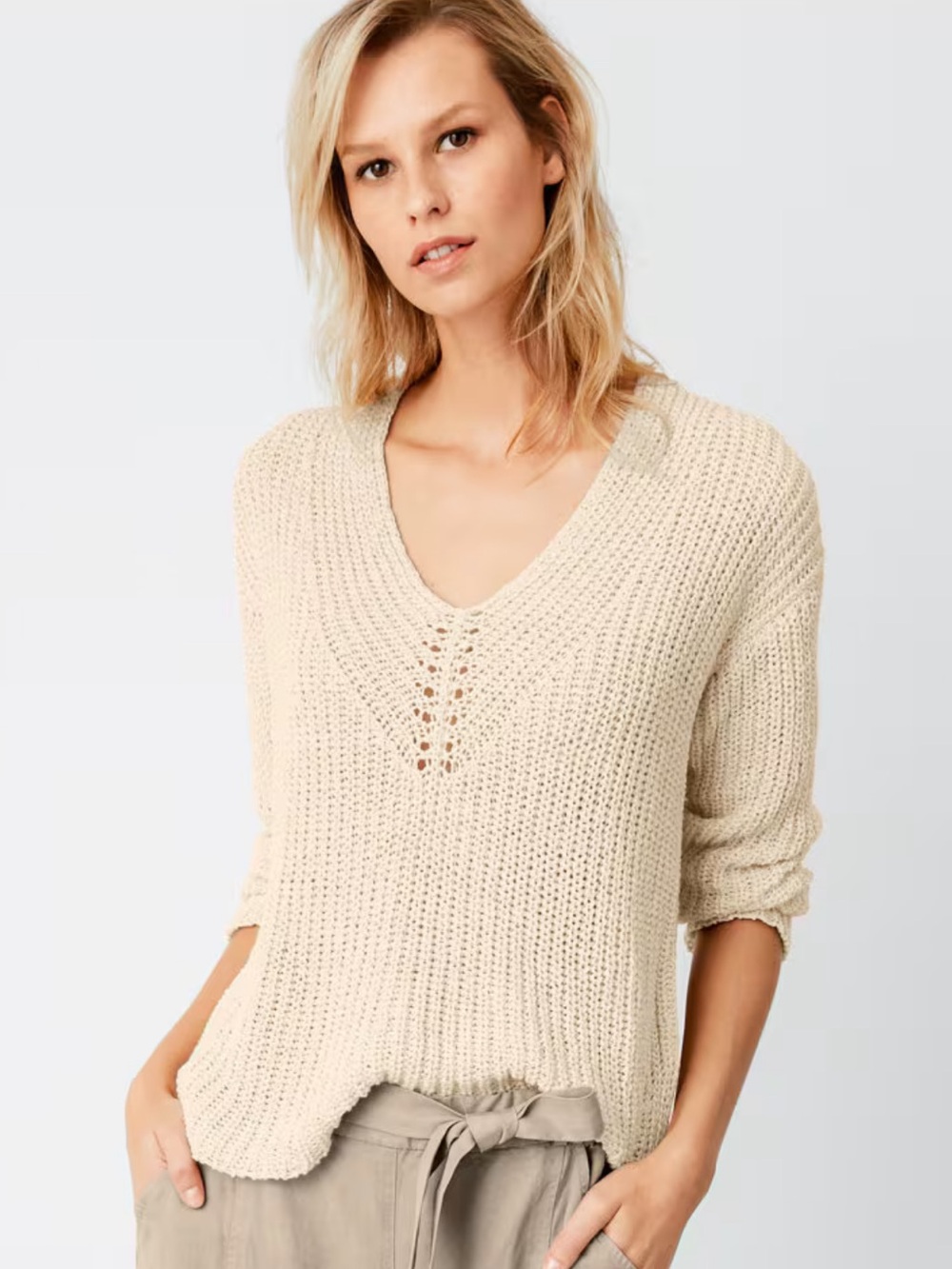 EILEEN FISHER Cream Neutral Organic Cotton & Linen Tape-Yarn Sweater Artisanal